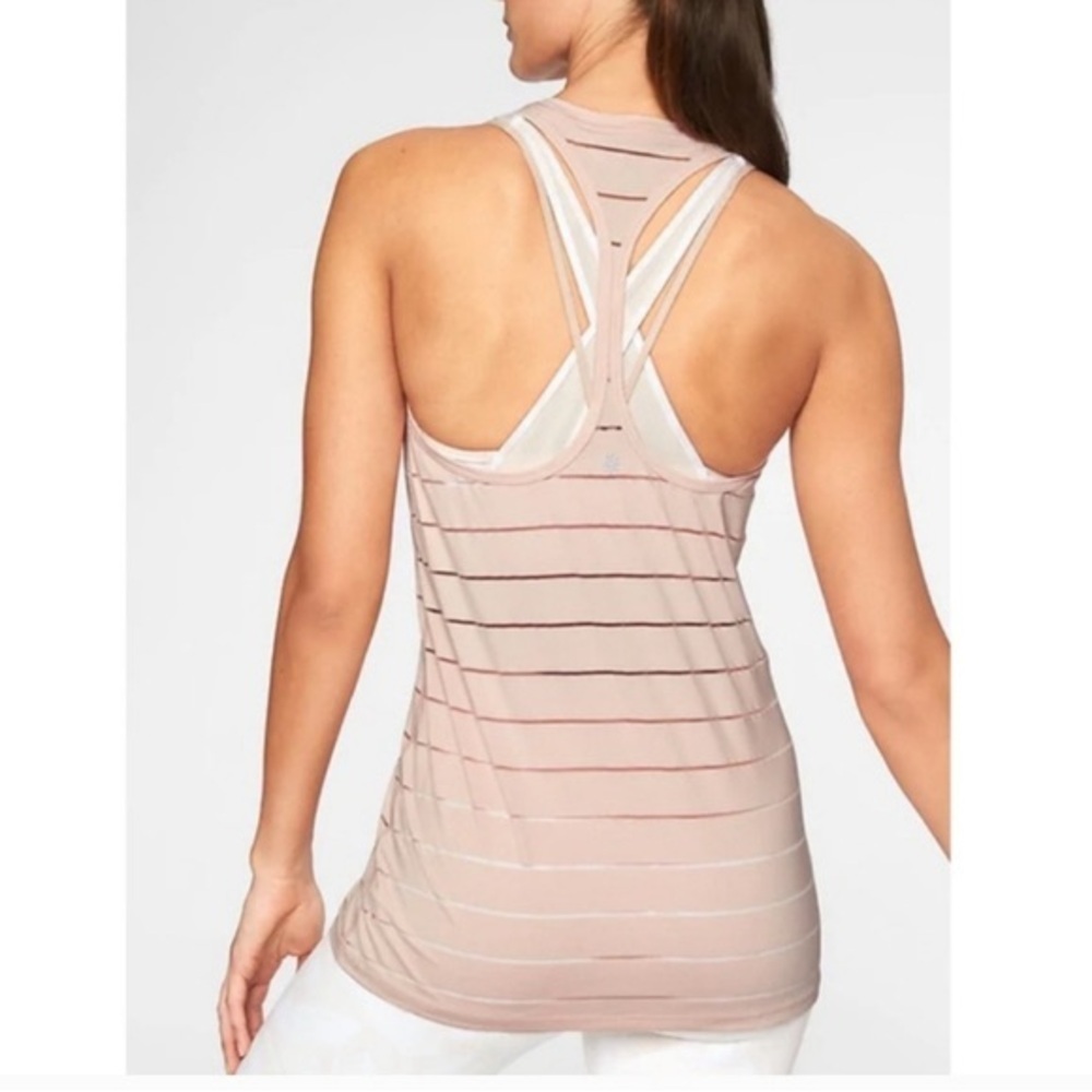 Athleta Chi Pink Striped Racerback Semi Sheer Tank Top Activewear Running Yoga L